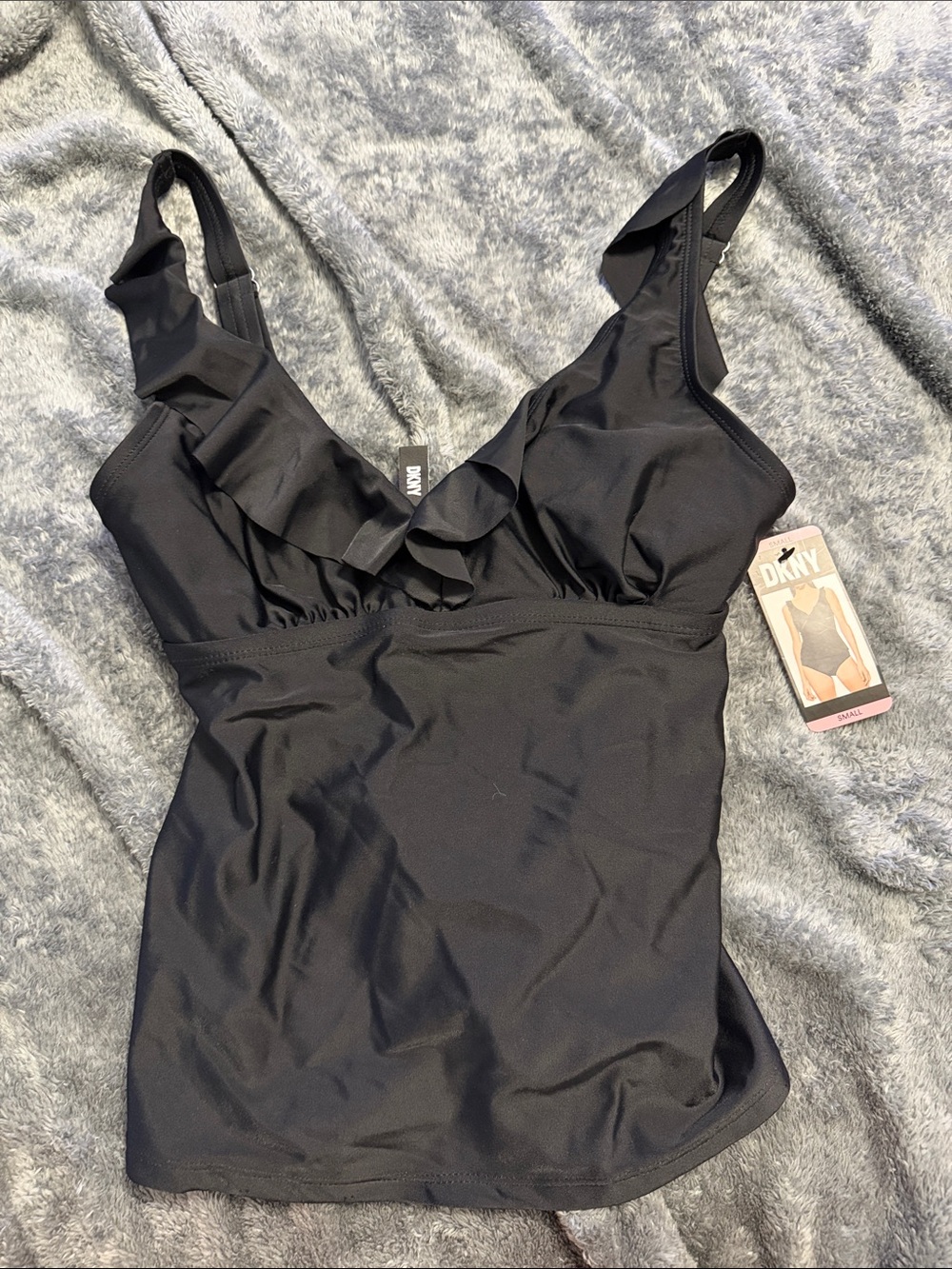 DKNY Black Ruffle V-Neck Swim Tankini Top